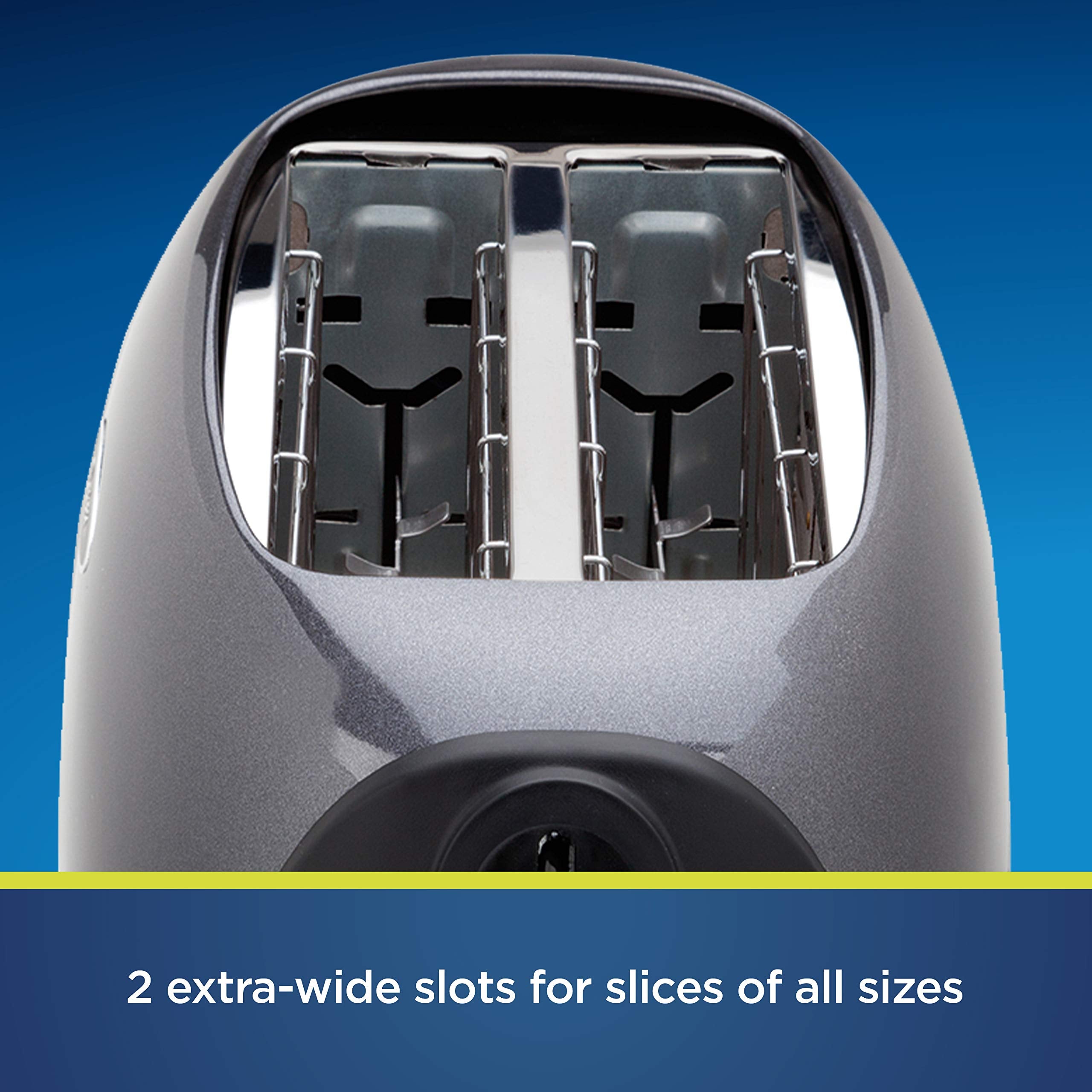 Oster toaster wide slots with auto-adjusting guides for bagels and thick slices.