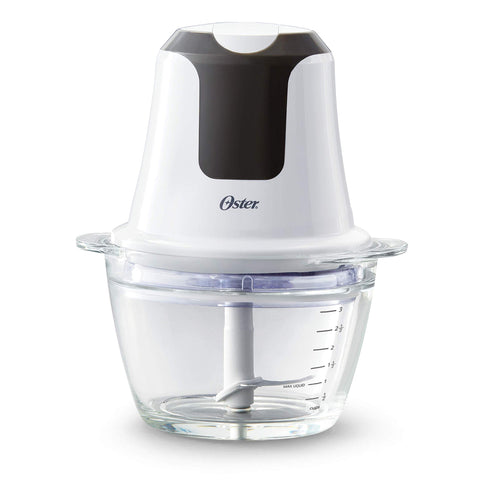 Oster 3-Cup mini chopper with glass bowl for smooth chopping and easy cleanup.