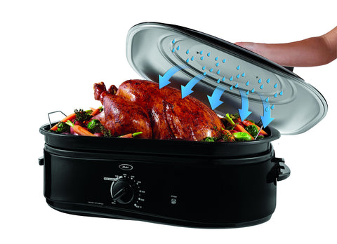 Oster CKSTRS18-BSB-W self-basting lid demonstrates moisture retention for juicy roasts.