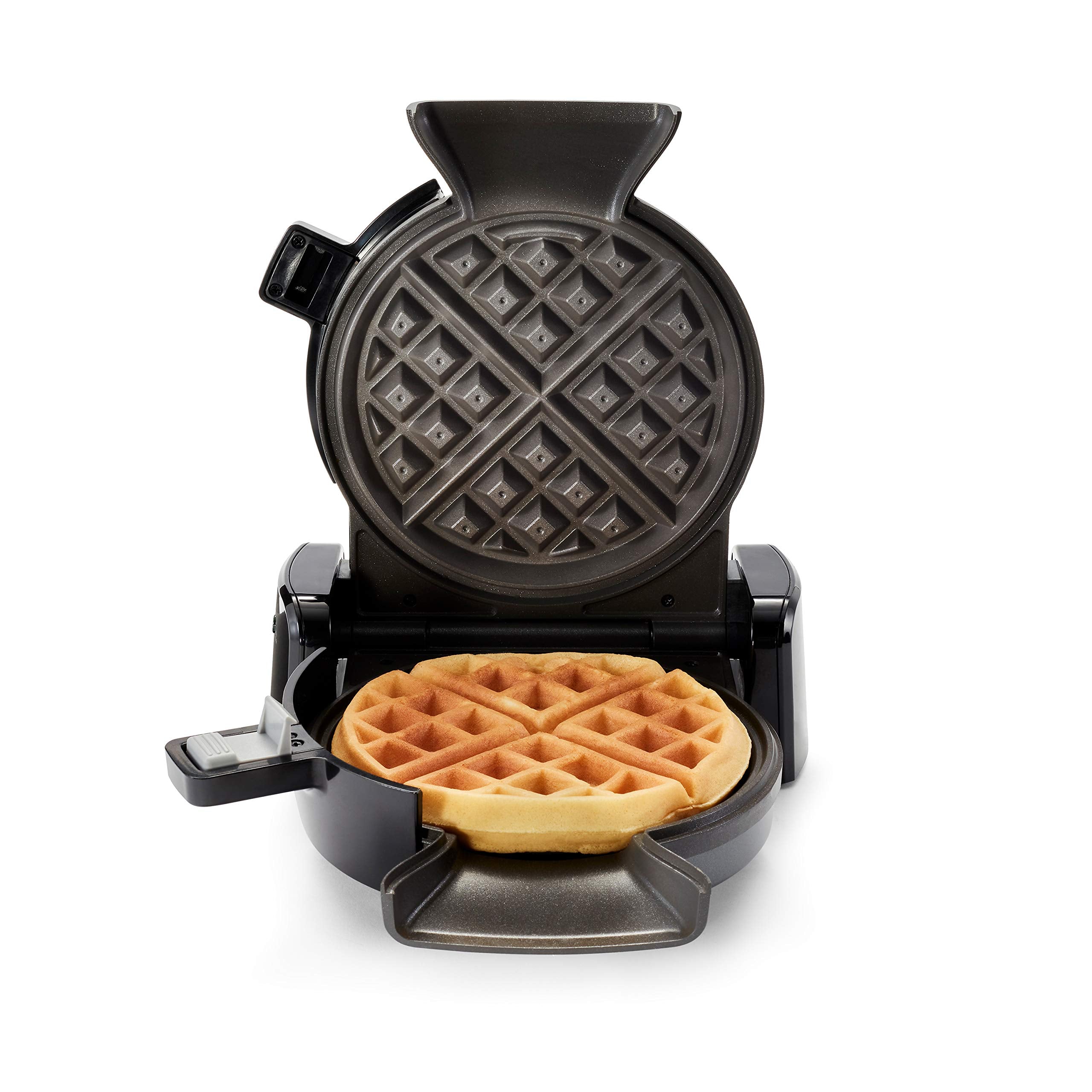 Oster DiamondForce vertical waffle maker front view shows durable nonstick for easy release.