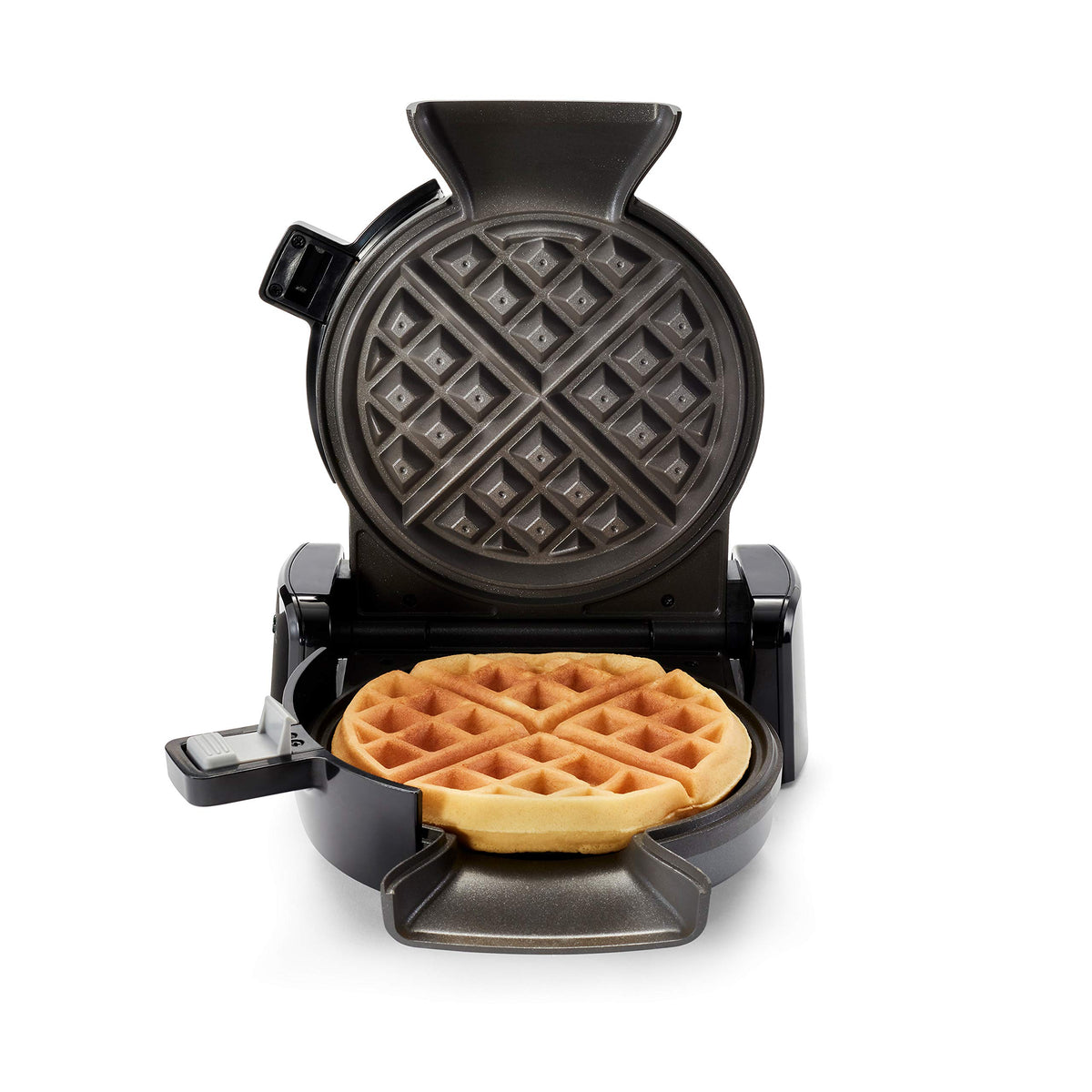 Oster DiamondForce vertical waffle maker front view shows durable nonstick for easy release.