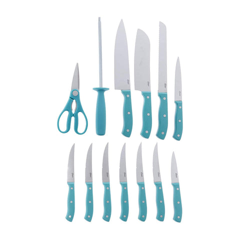 Oster Evansville bread knife with turquoise handle for clean slices.