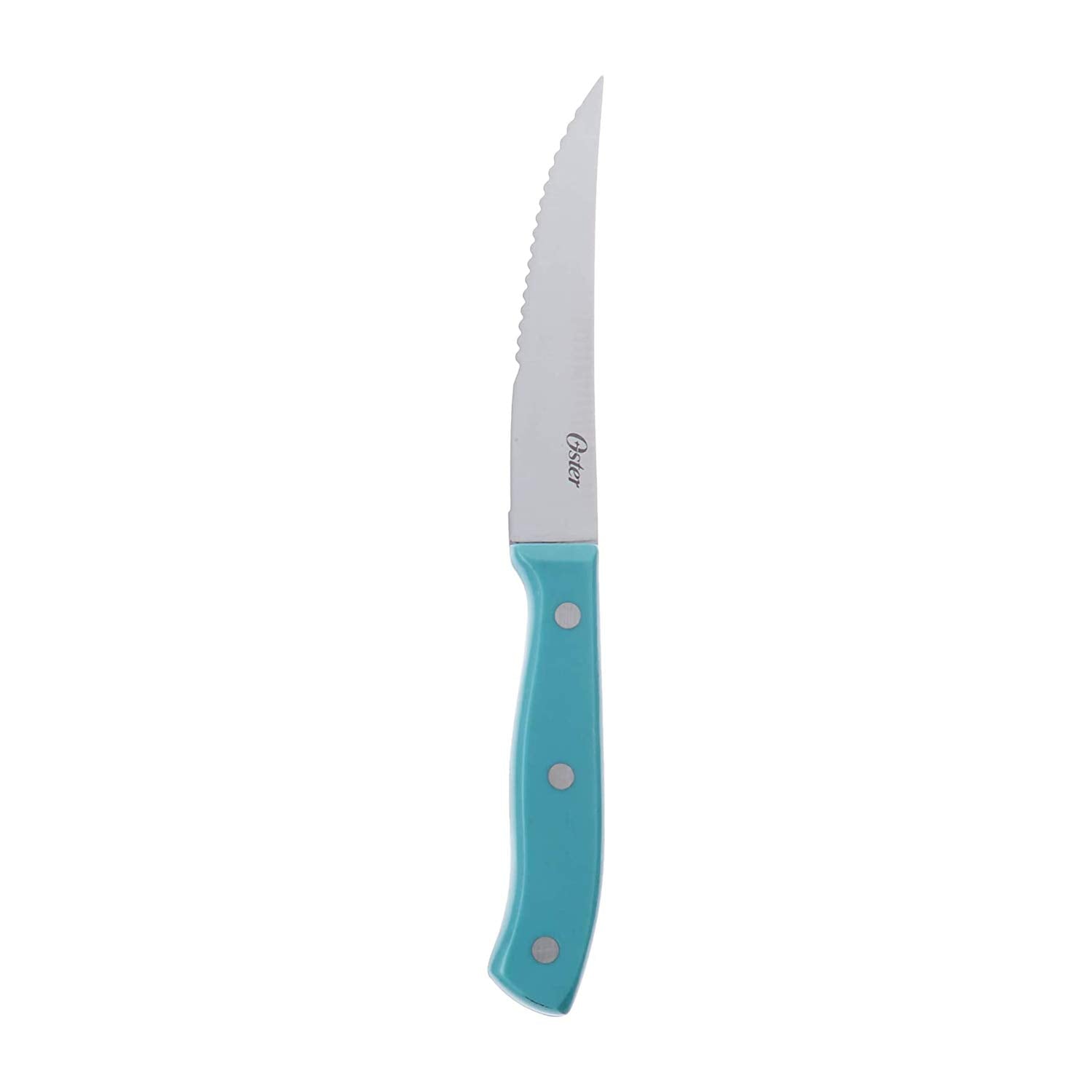 Oster Evansville paring knife with turquoise handle for peeling and trimming.
