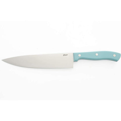 Oster Evansville steak knives with turquoise handles for portion control.