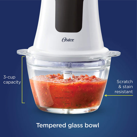 Oster mini chopper 2-speed controls for soft and hard ingredients.
