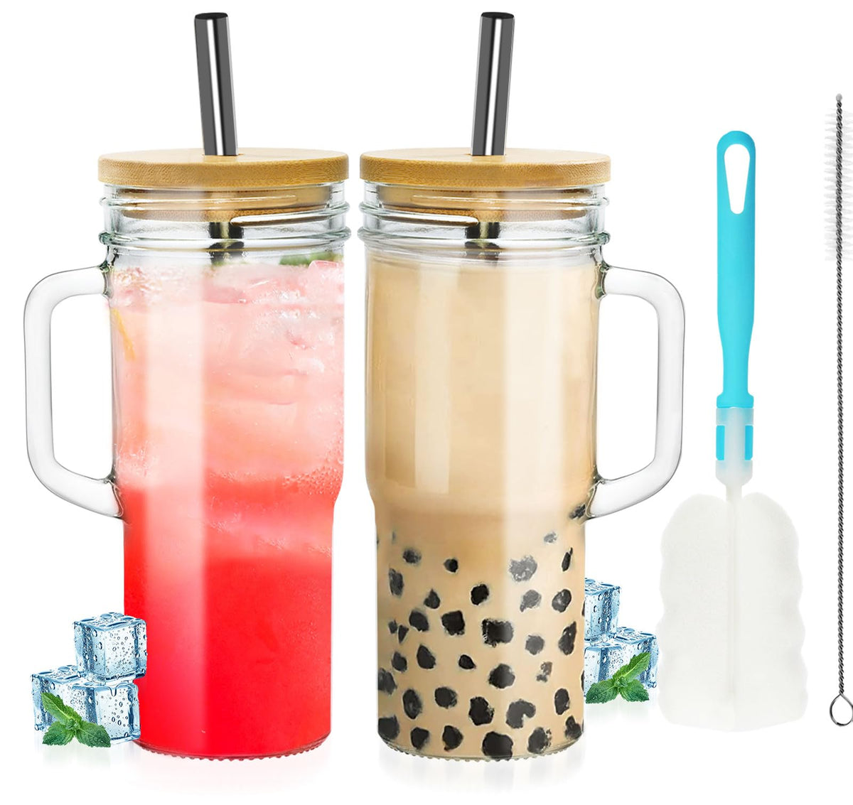 OTOB 24oz glass tumbler with handle for easy one-handed carrying.