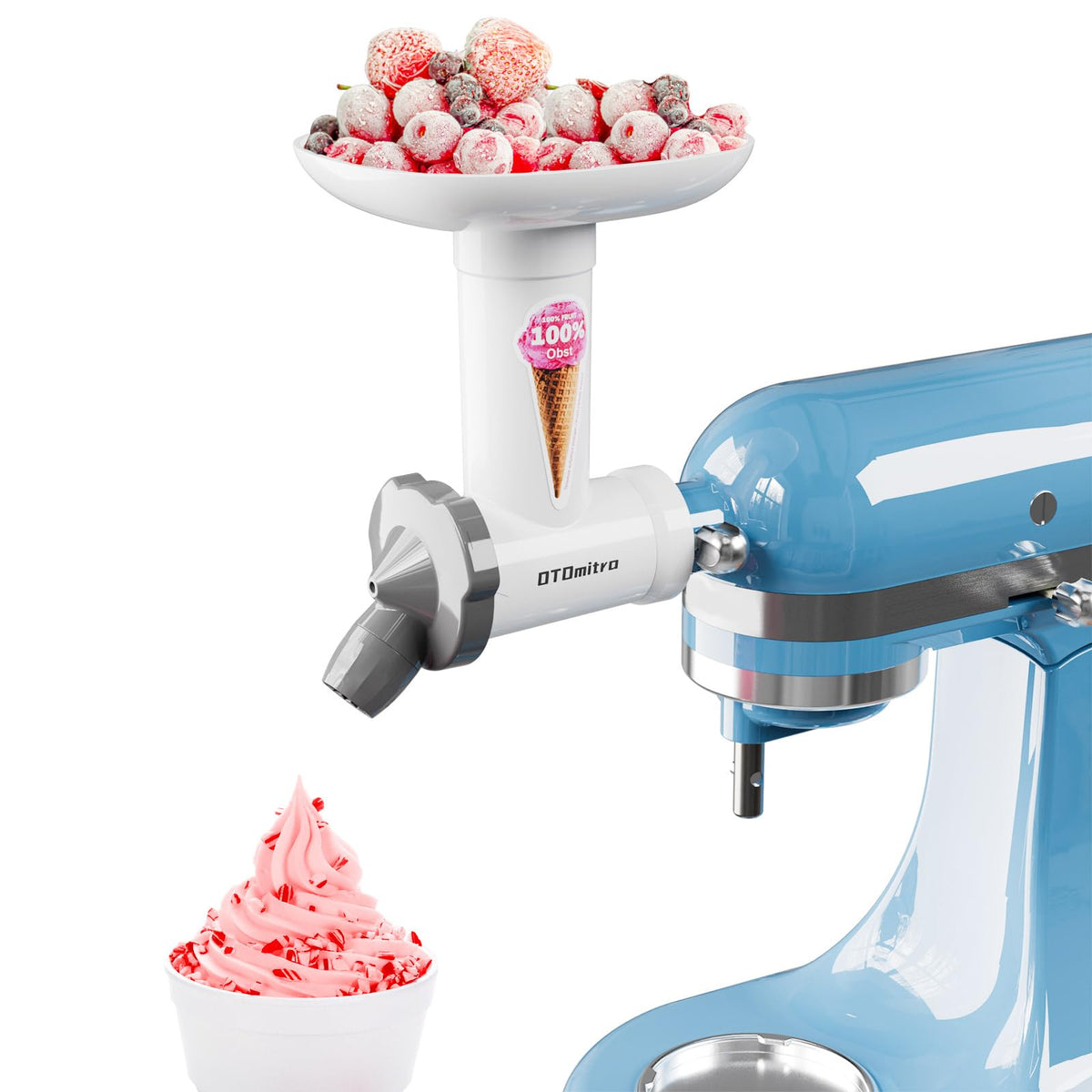 OTOmitra ice cream maker attachment mounted on KitchenAid for fresh desserts