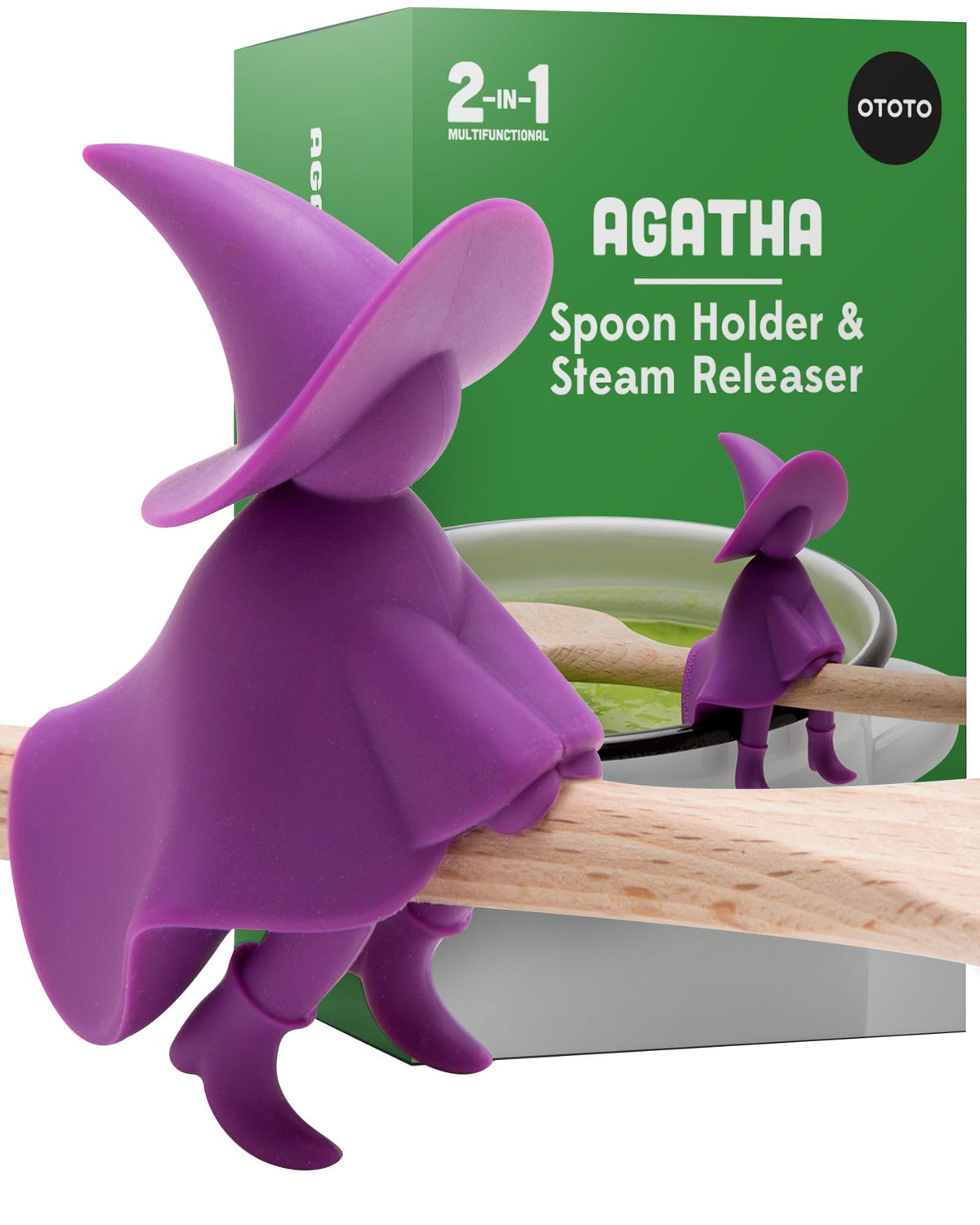 OTOTO Agatha witch spoon rest sits atop a pot to keep utensils tidy.