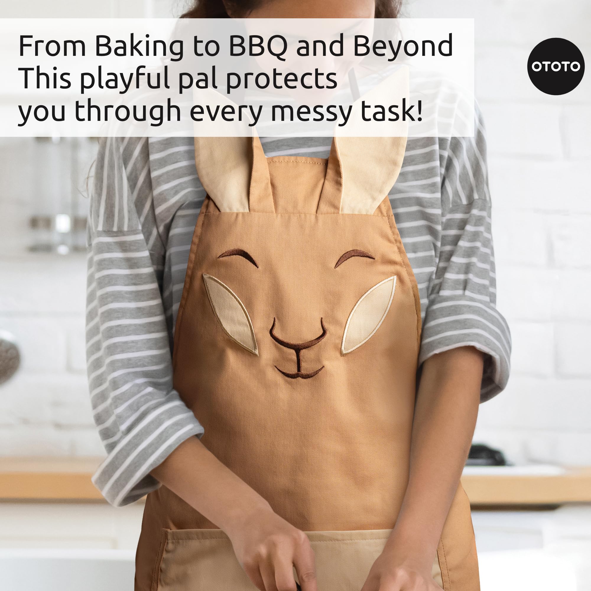 OTOTO Aproo in-use with utensils for hands-free prep