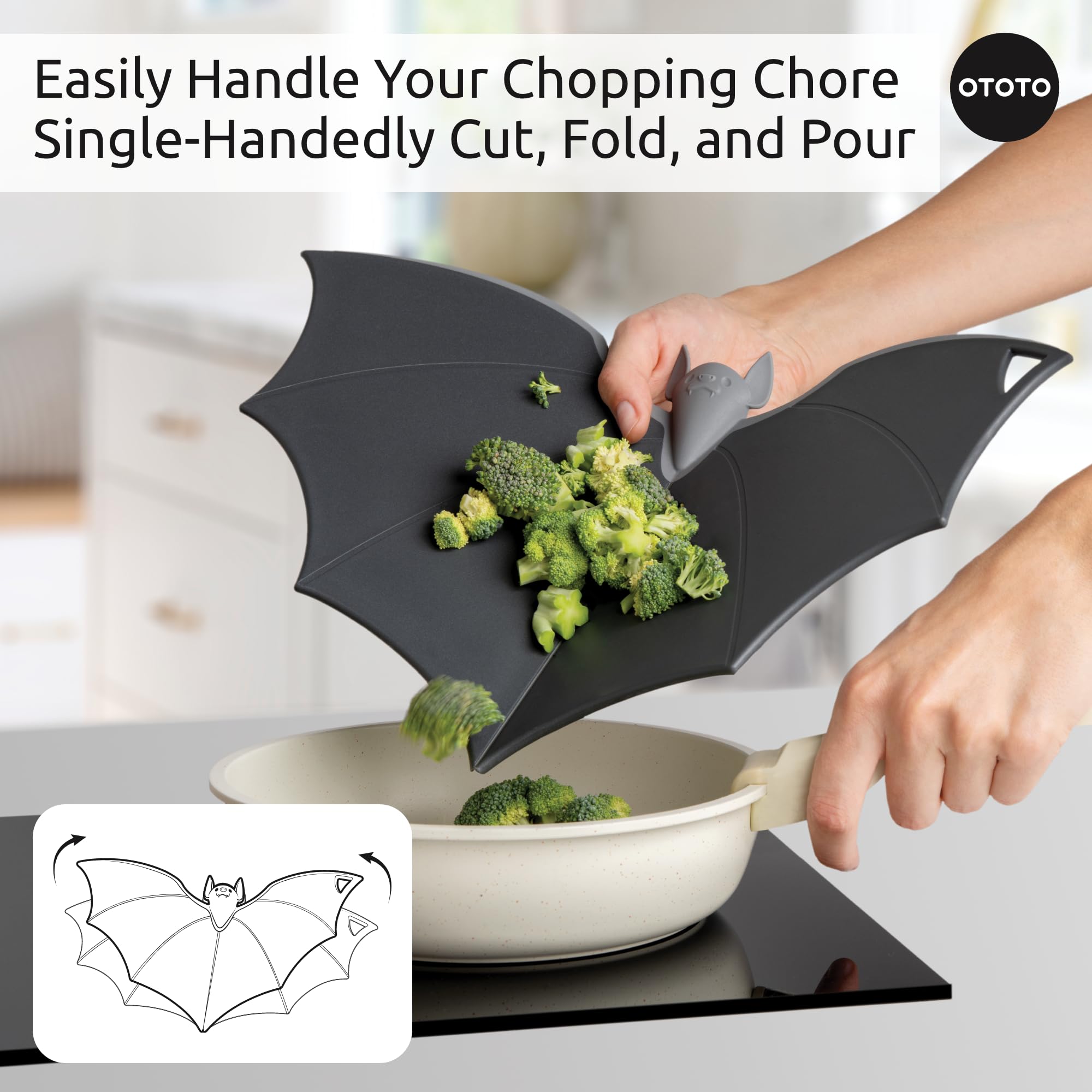 OTOTO Batty textured surface grips vegetables for steady slicing.