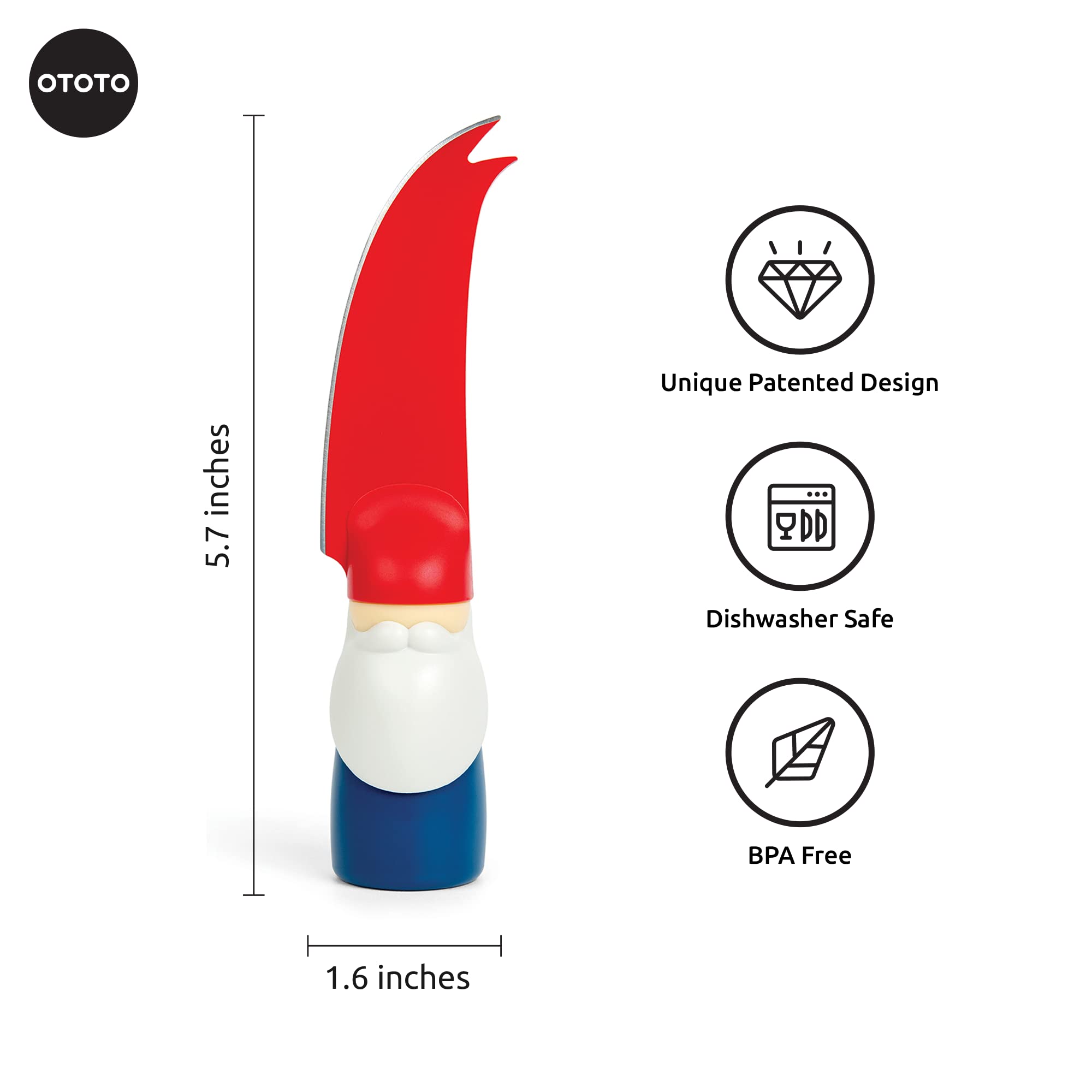 OTOTO Bert gnome knife demonstrates slicing action for cheeses, fruits, and veggies.