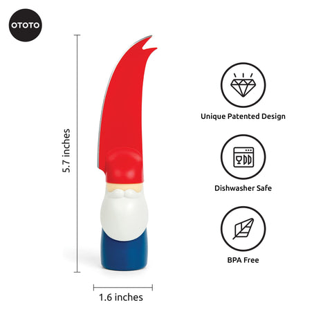 OTOTO Bert gnome knife demonstrates slicing action for cheeses, fruits, and veggies.