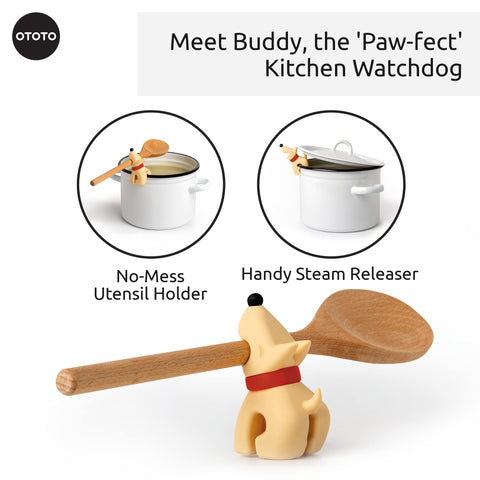 OTOTO Buddy Spoon Rest on kitchen counter provides drip-free utensil resting.