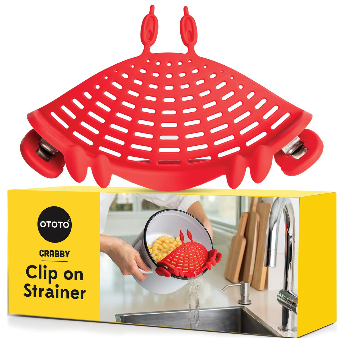 OTOTO Crabby clip-on strainer shown on a pasta pot for easy draining