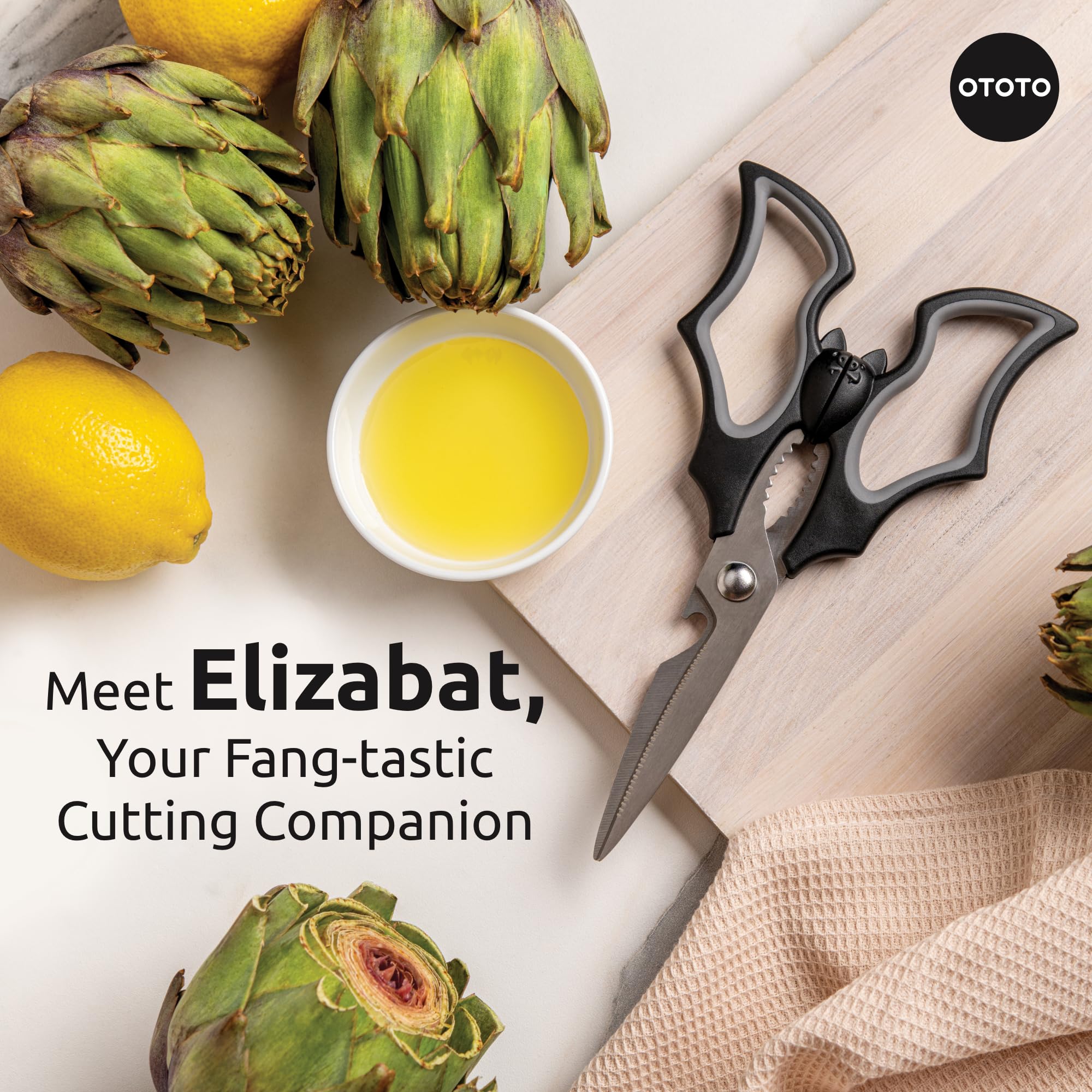 OTOTO Elizabat bat-wing handles add comfort for extended kitchen prep.
