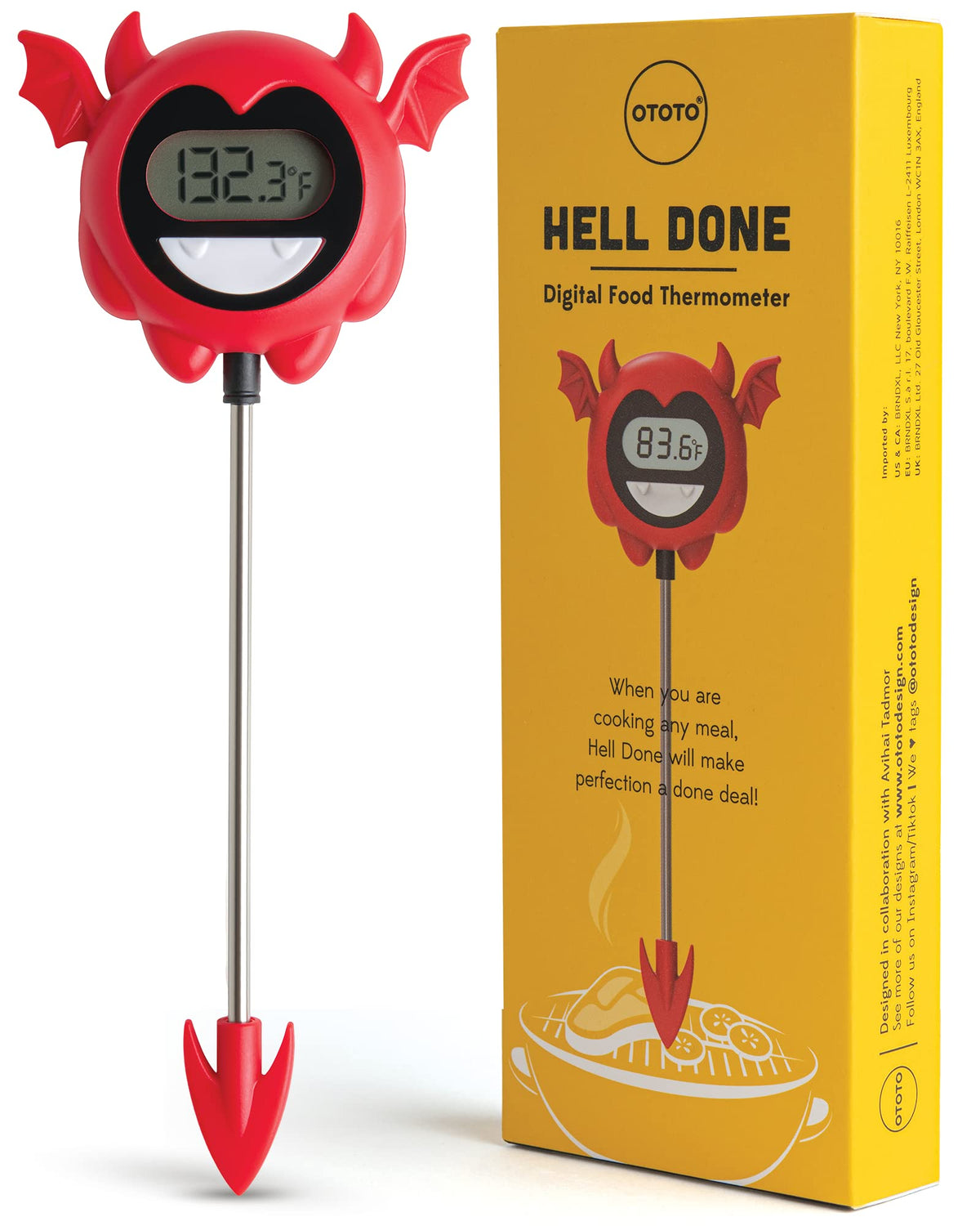 OTOTO Hell Done digital meat thermometer with fridge magnet for quick, accurate temps while cooking.