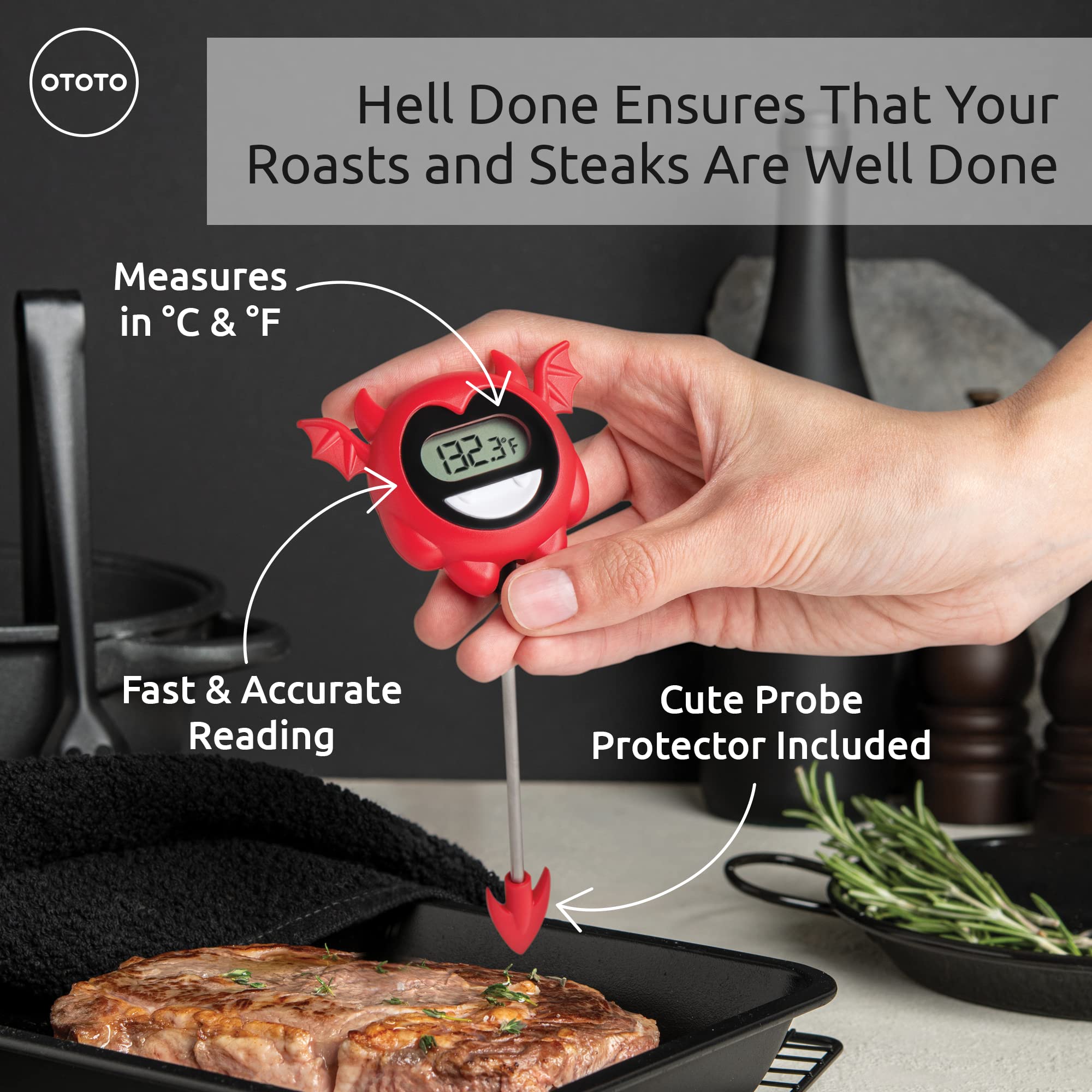 OTOTO Hell Done foldable meat thermometer saves space and stores neatly.