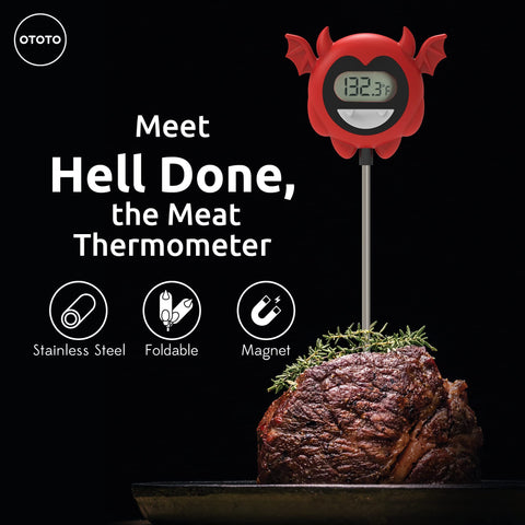 OTOTO Hell Done steak temperature readout helps target desired doneness confidently.