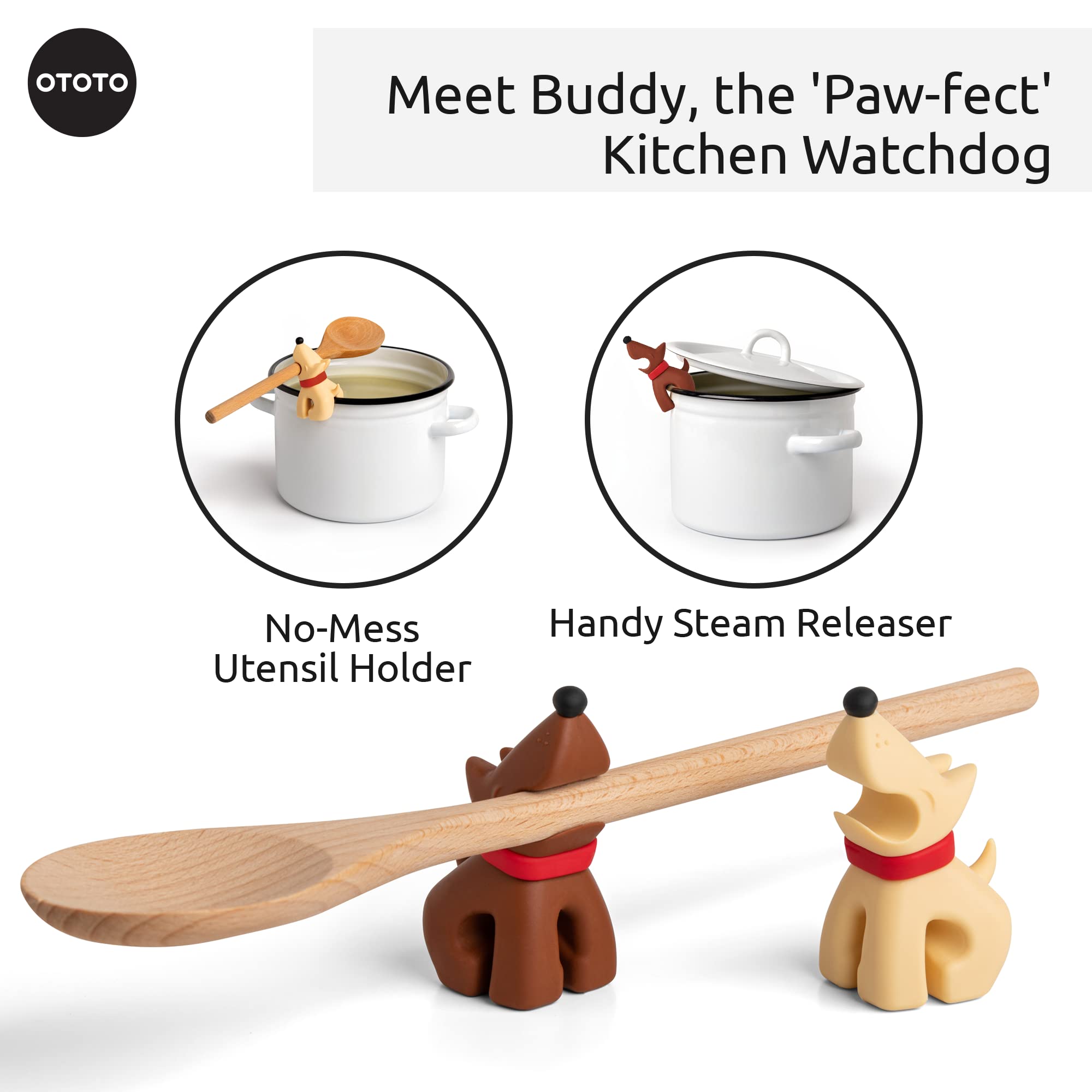 OTOTO Best Buddy spoon rest supports ladles and spatulas without slipping.