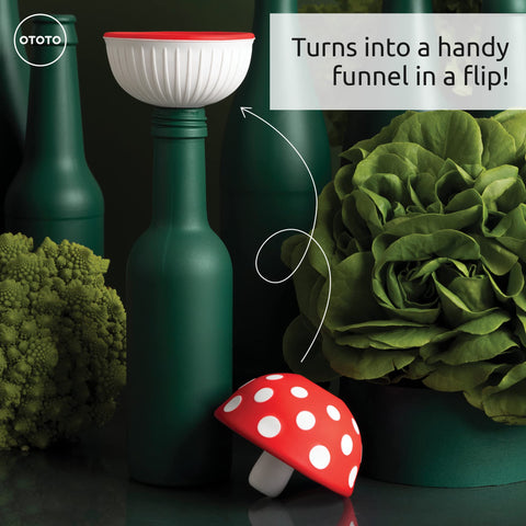 OTOTO Mushroom funnel in action showing controlled liquid transfer.