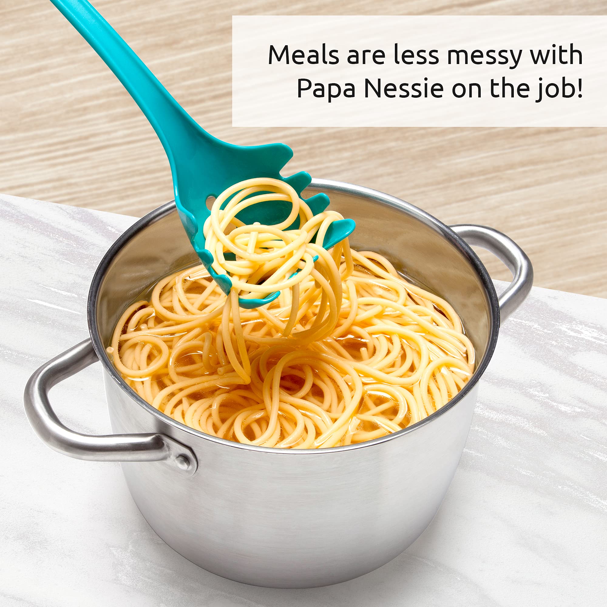OTOTO Papa Nessie heat-resistant tip handles hot pasta safely.