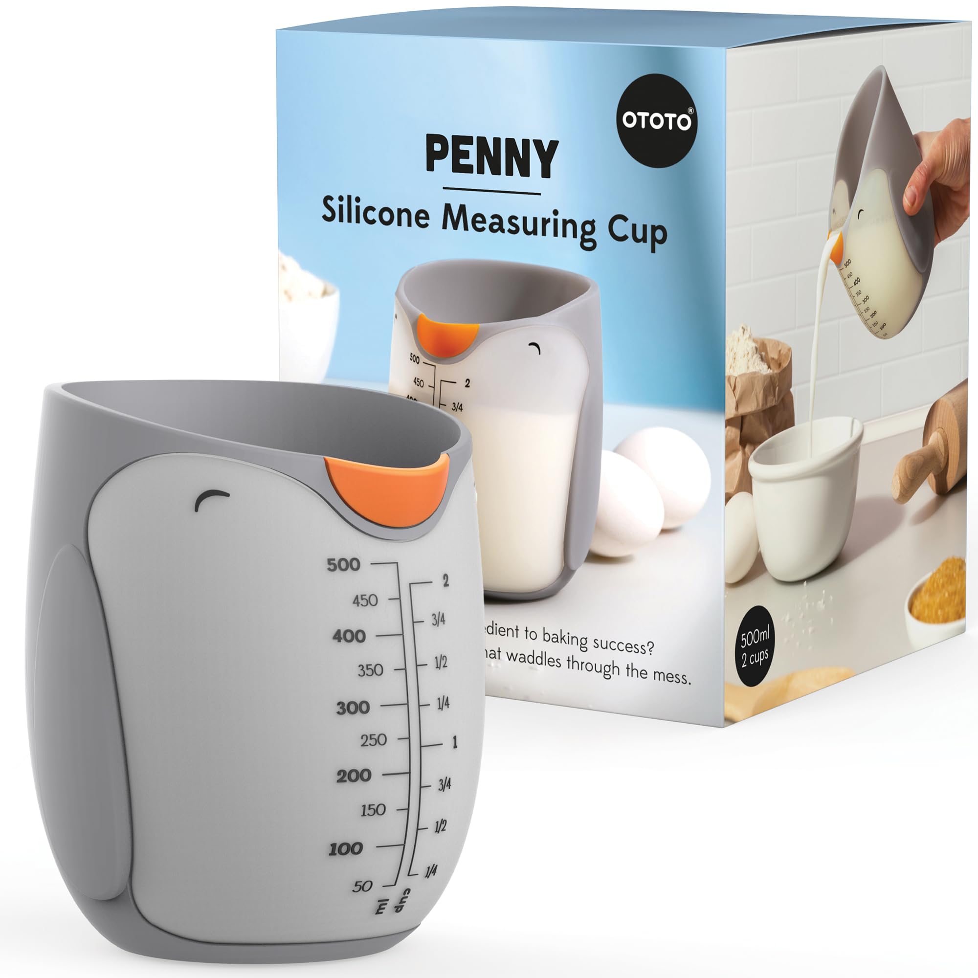 OTOTO Penny Penguin 500ml measuring cup for precise batter measurements.
