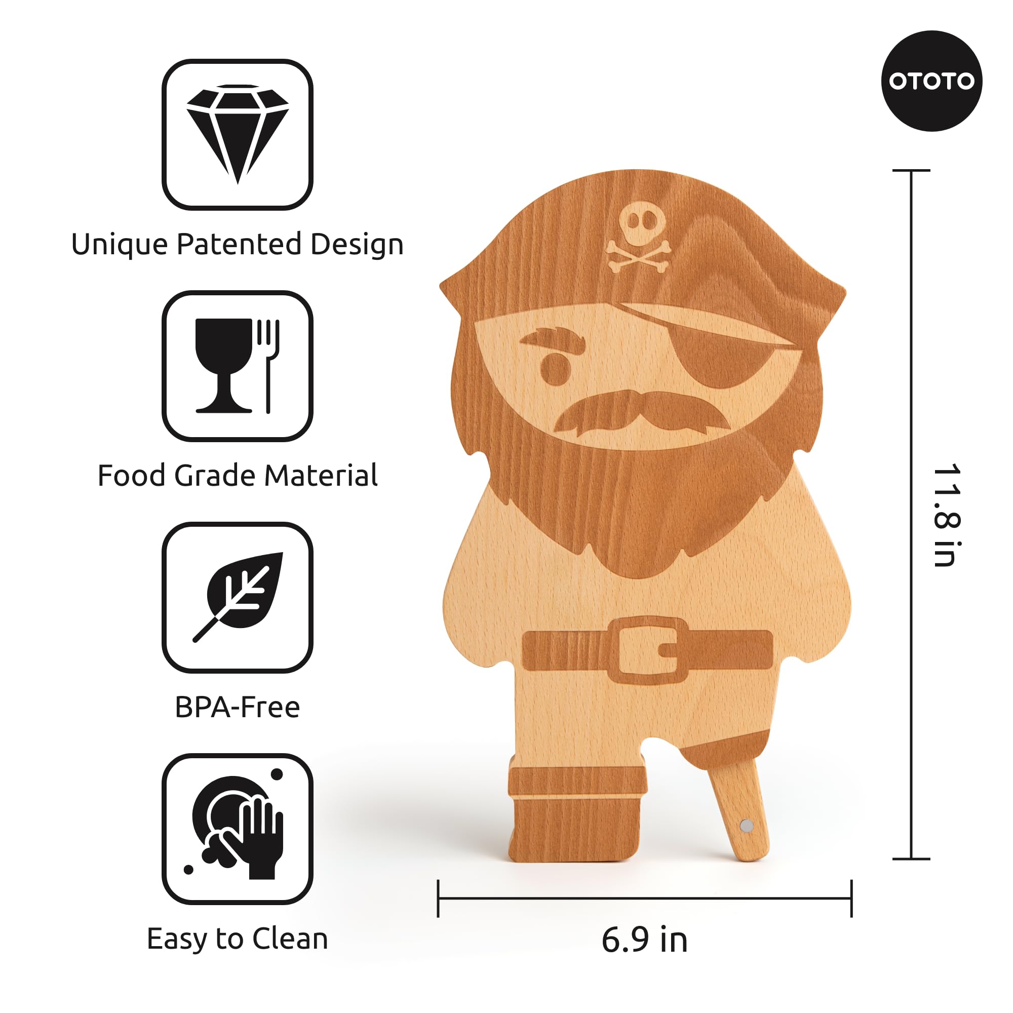 OTOTO pirate cutting board closeup reveals wood texture and craftsmanship.