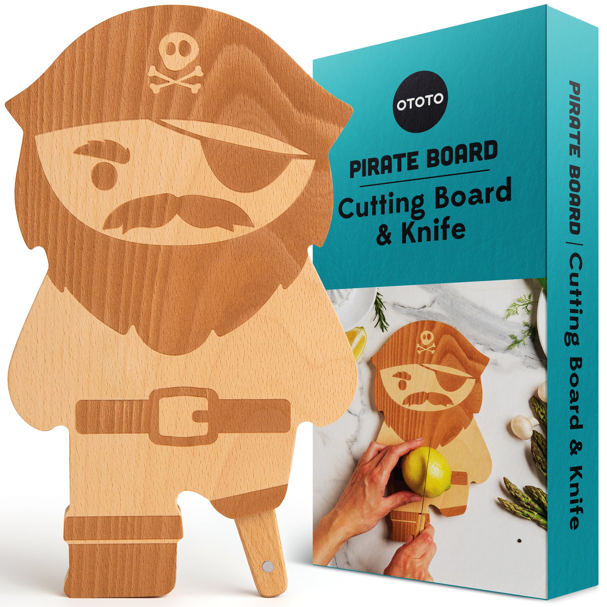 OTOTO Pirate Cutting Board with peg-leg knife slot for easy prep.
