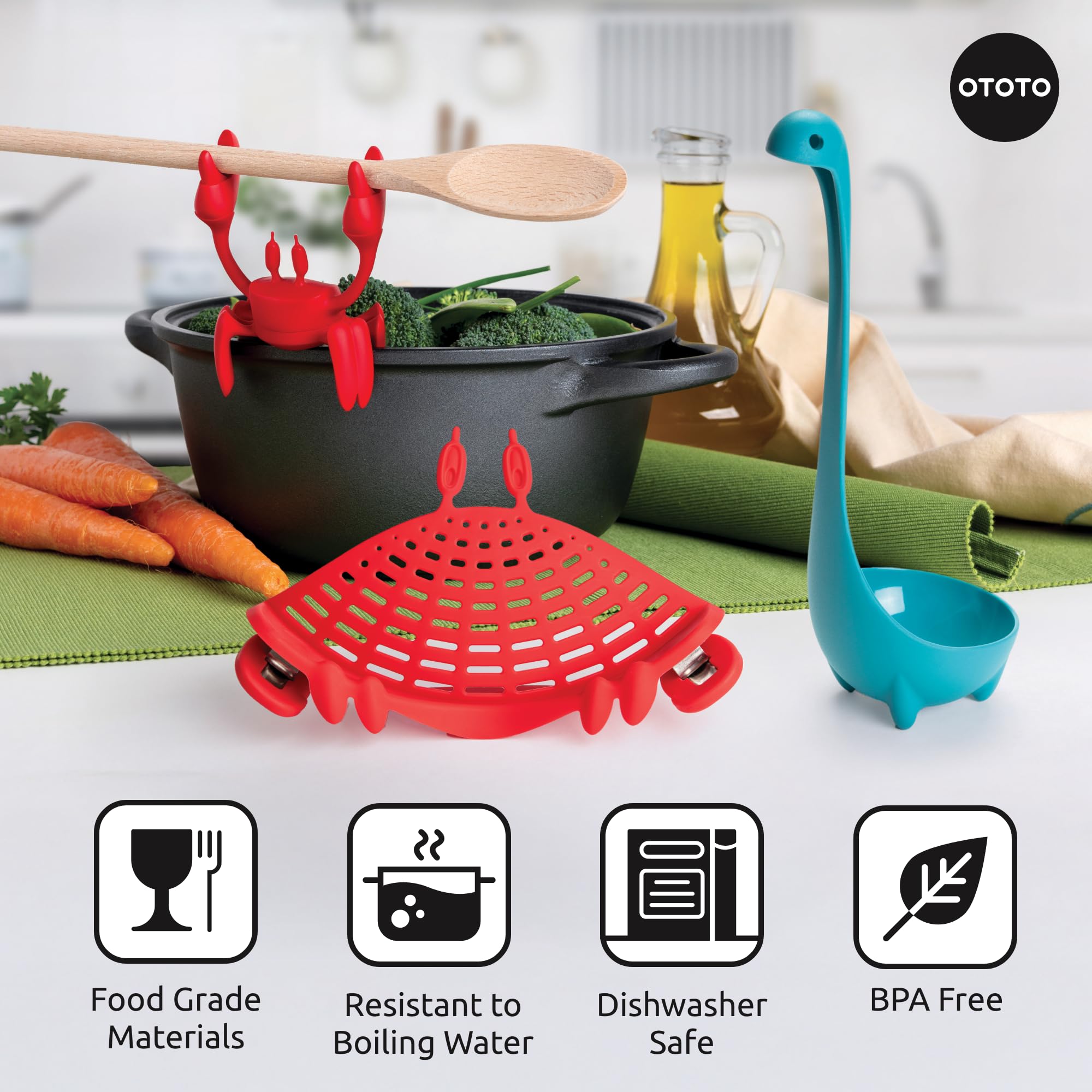 OTOTO Crabby clips onto pots for precise, hands-free pasta draining.