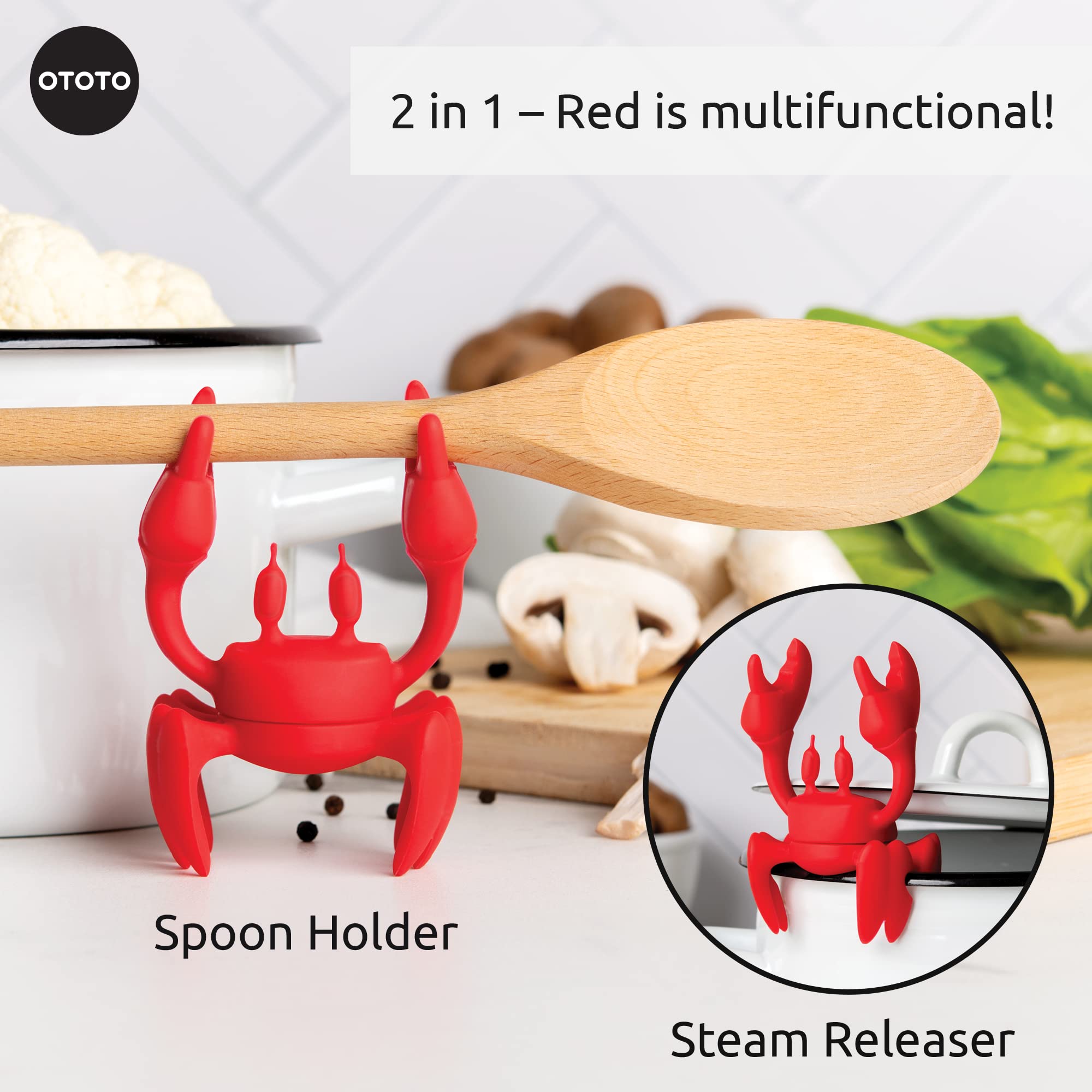 OTOTO Red the Crab spoon-ladle holder keeps tools within easy reach.