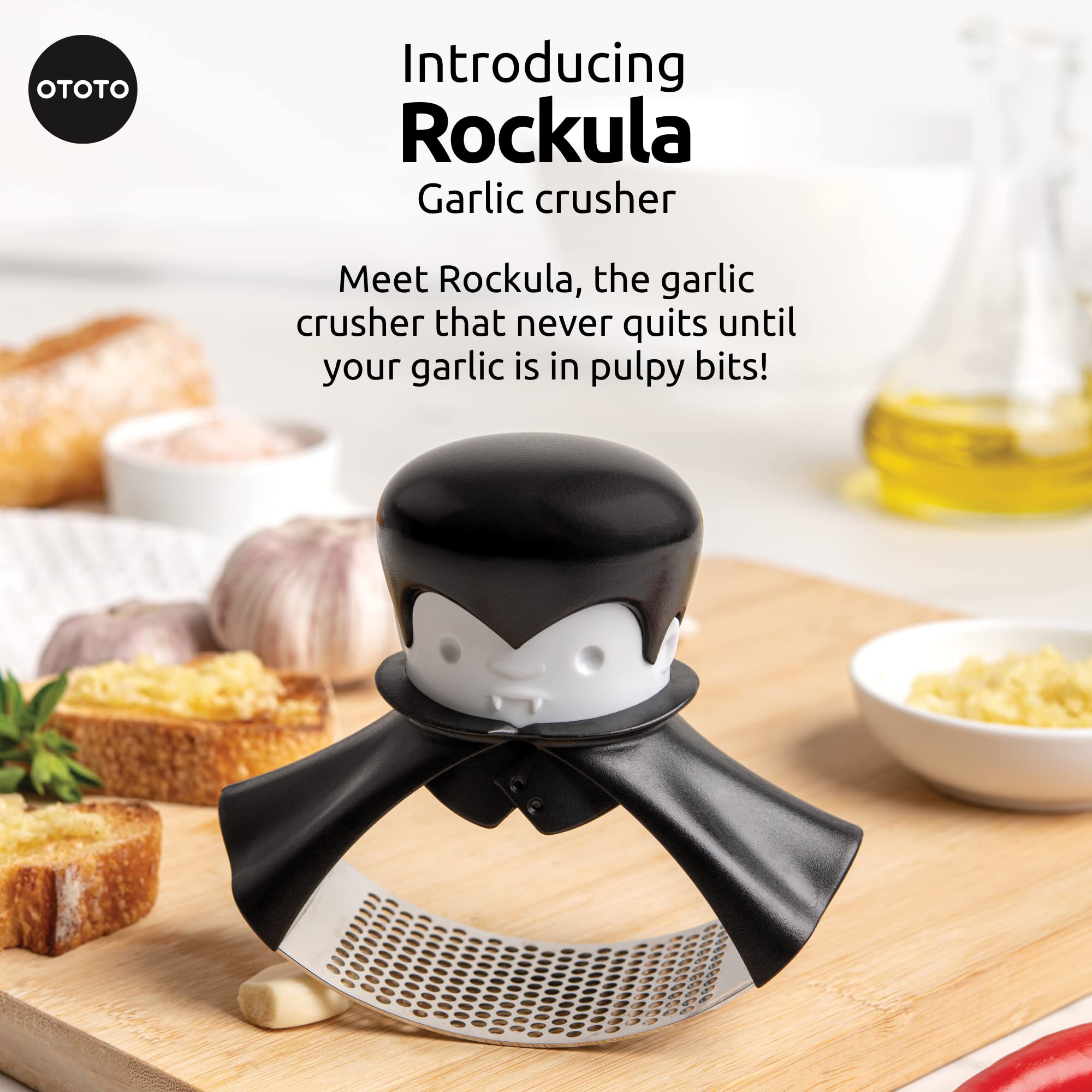 OTOTO Rockula rocking garlic mincer in use for fast garlic prep.