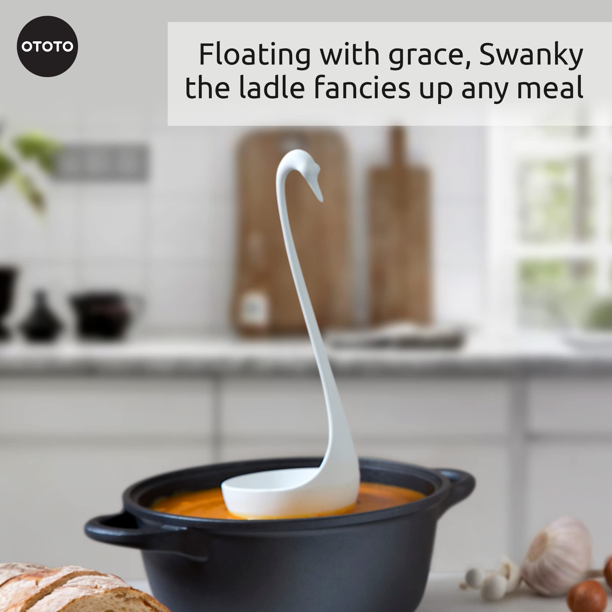 OTOTO Swanky Swan ladle highlighting heat-resistant silicone for high-temperature cooking.