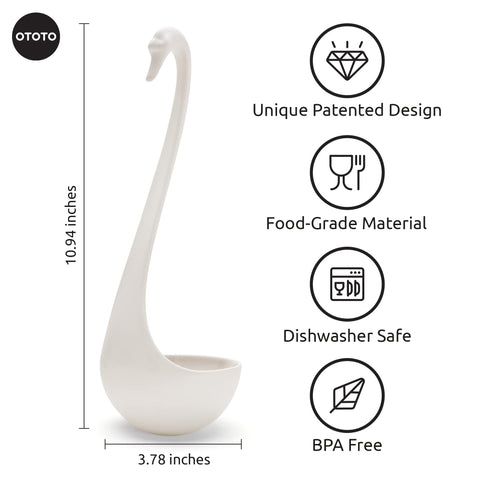 OTOTO Swanky Swan ladle in pot in use for smooth scooping.