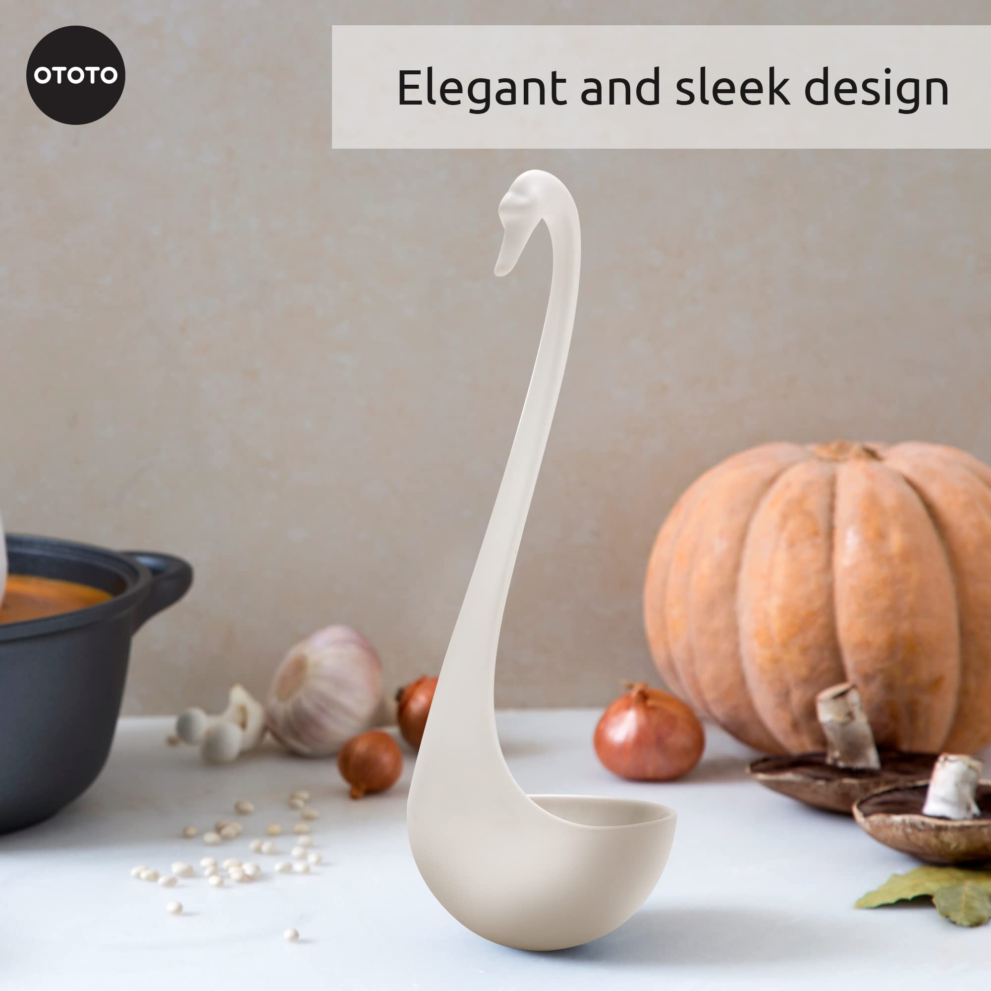 OTOTO Swanky Swan silicone ladle close-up showing flexible heat resistance.