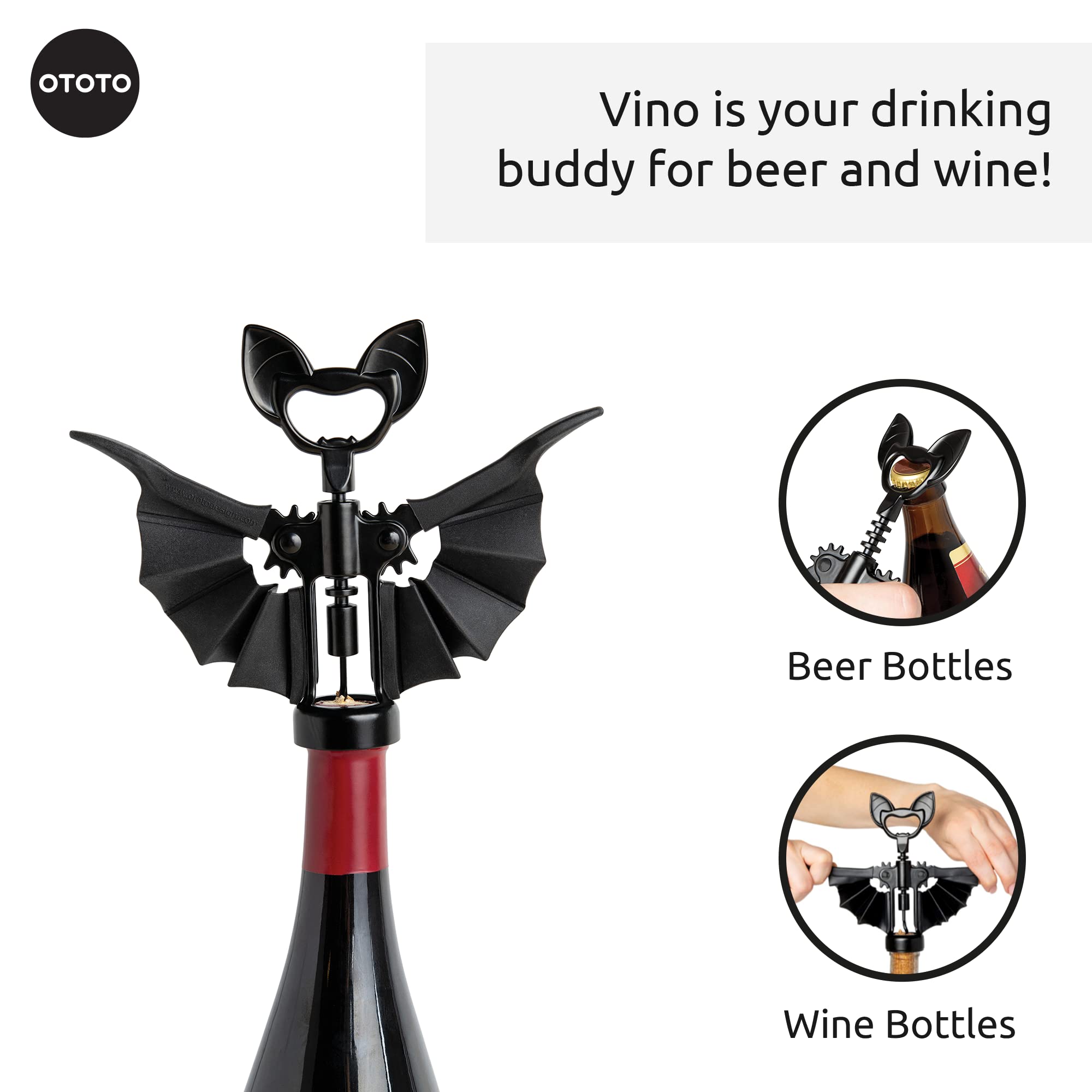 OTOTO Vino Spooky Bat 2-in-1 design opens beer and wine easily.