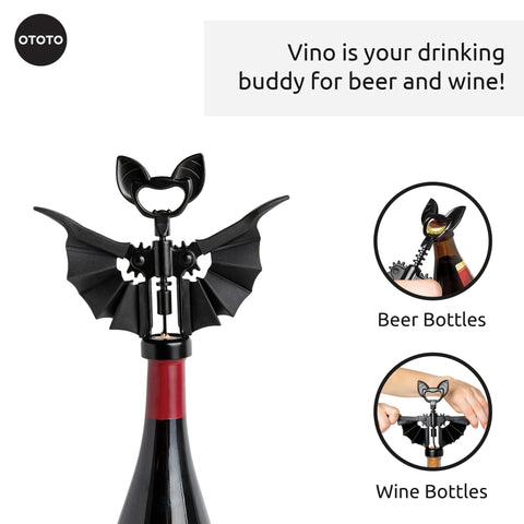 OTOTO Vino Spooky Bat 2-in-1 design opens beer and wine easily.