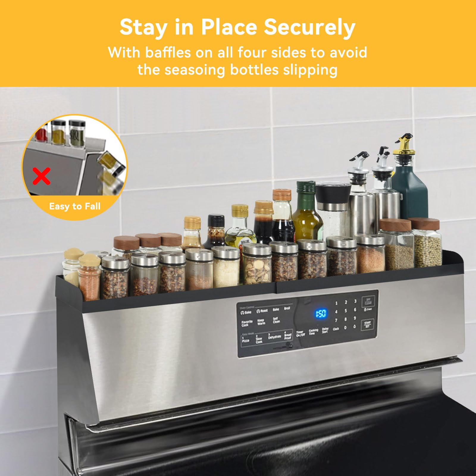 OTraki stainless steel shelf showing magnetic strip for strong adhesion.