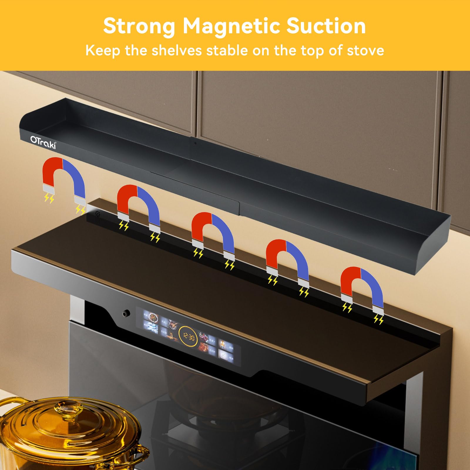 OTraki stove-top shelf with guardrails on four sides to prevent slips.