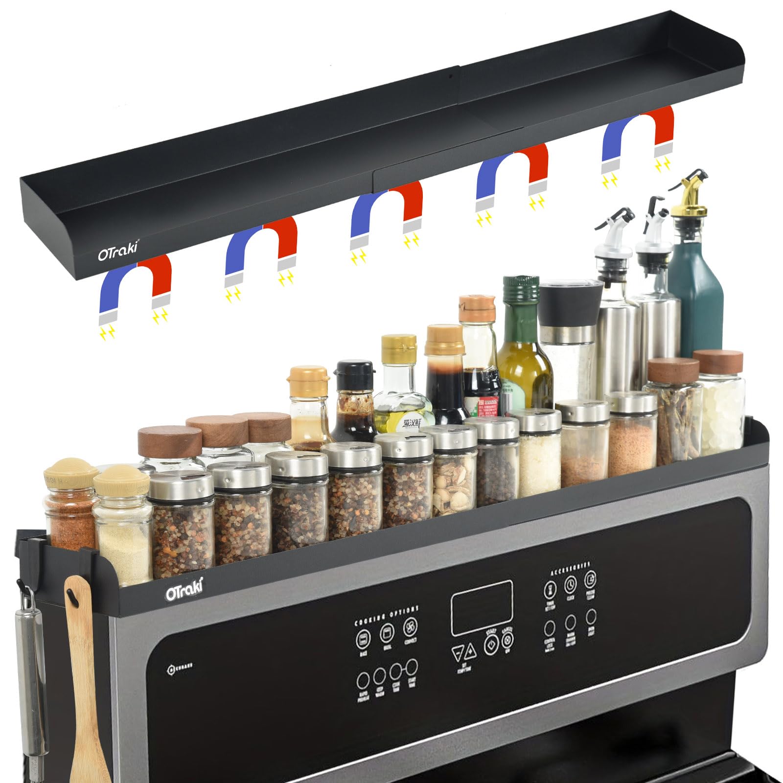 OTraki shelf keeps spices organized near the cooktop.