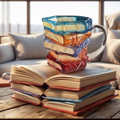 OTTNSA 3D book-stack mug closeup glass highlights hand-painted book details