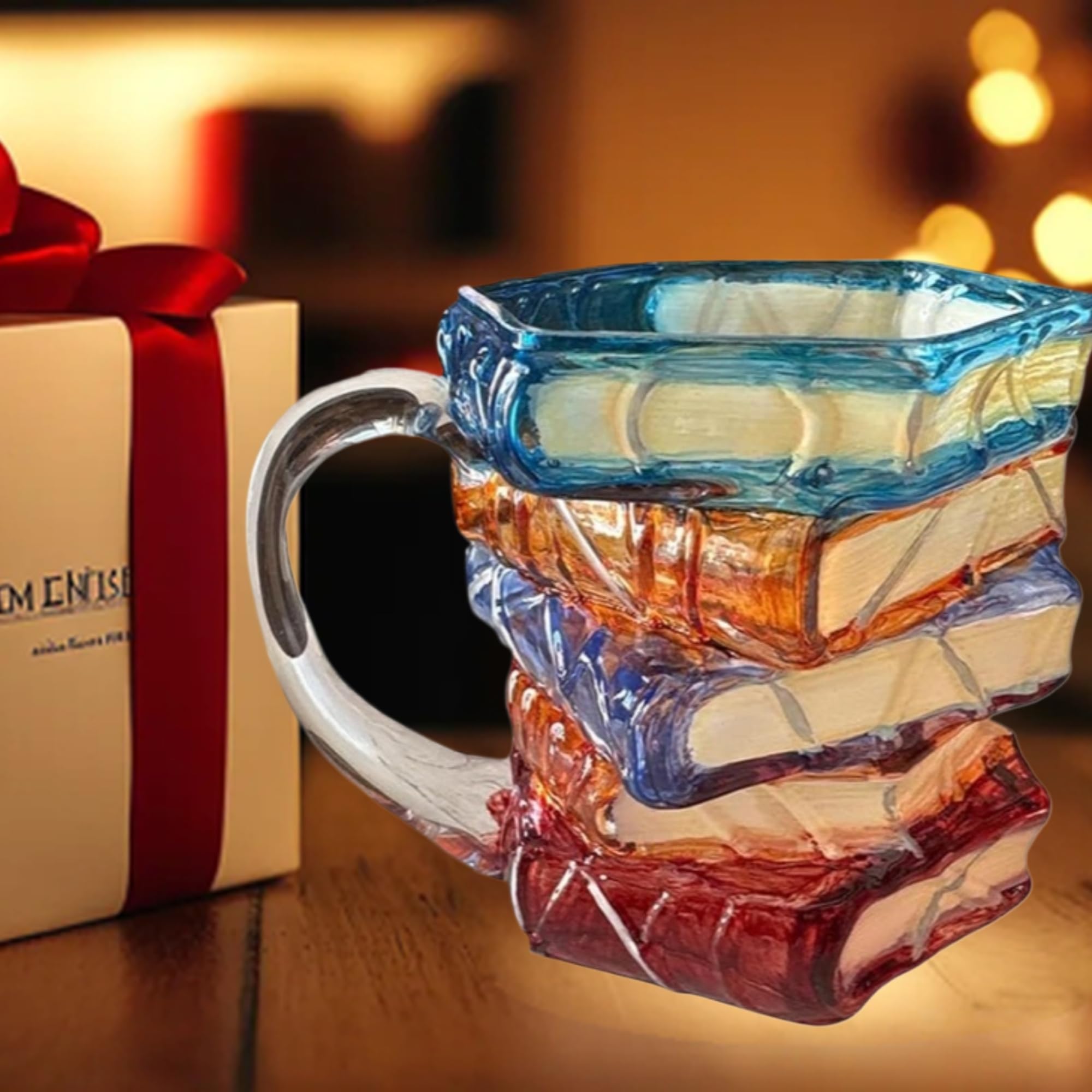 OTTNSA 3D book-stack mug front view shows colorful, durable glass for hot beverages