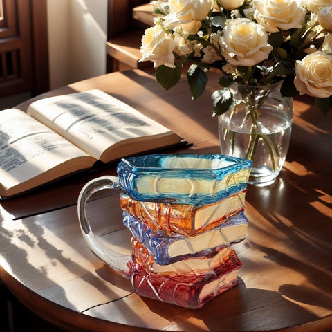 OTTNSA 3D book-stack mug side-handle demonstrates easy grip for long reading sessions