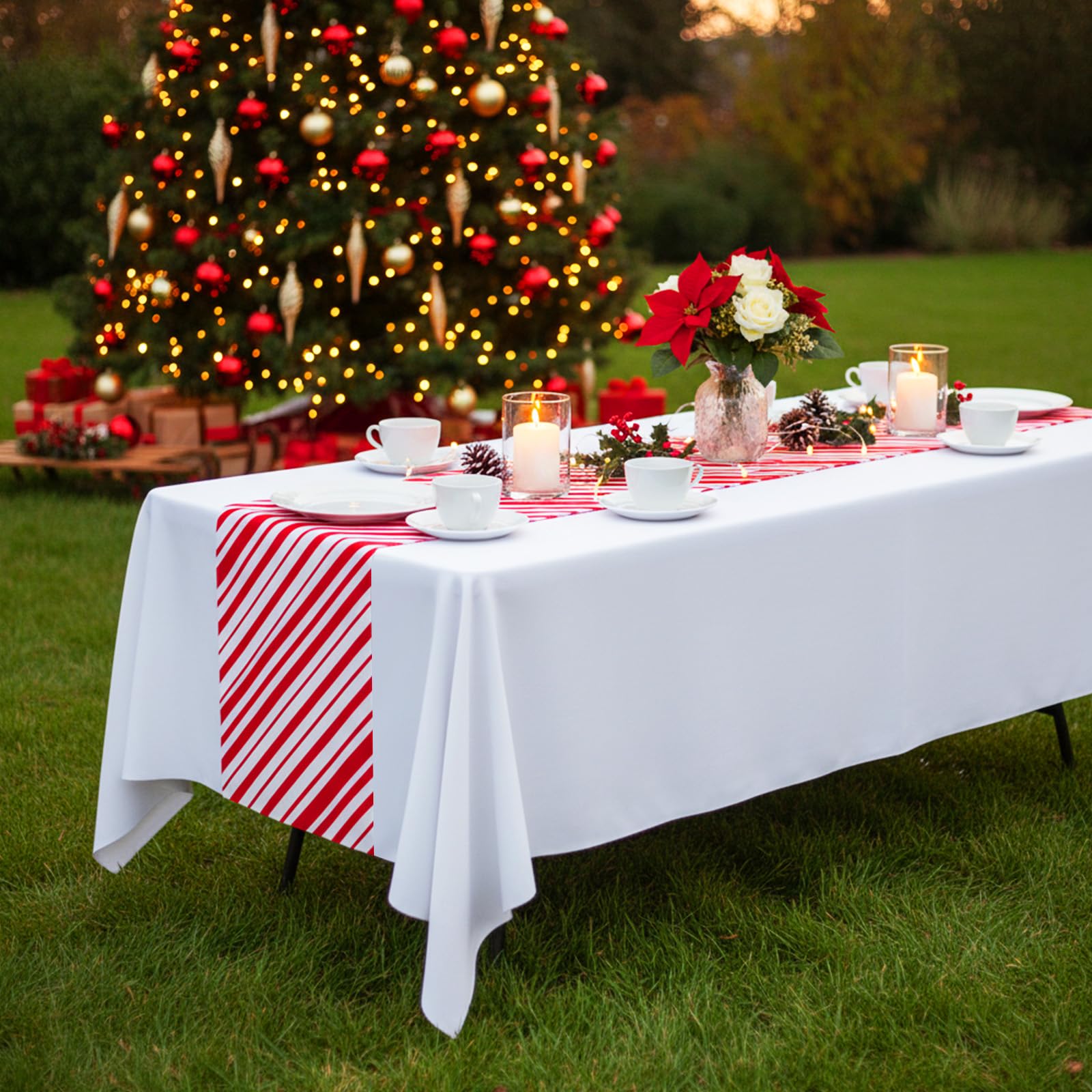 Oudain red white striped decor suits cafes and casual dining indoors and outdoors.