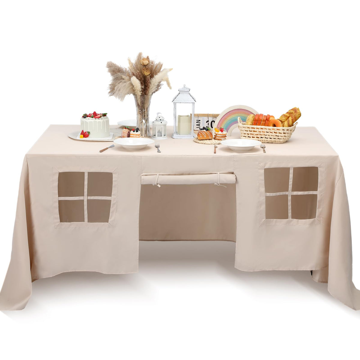 Oudain table fort cover in beige color offers quick playhouse setup for indoor fun.