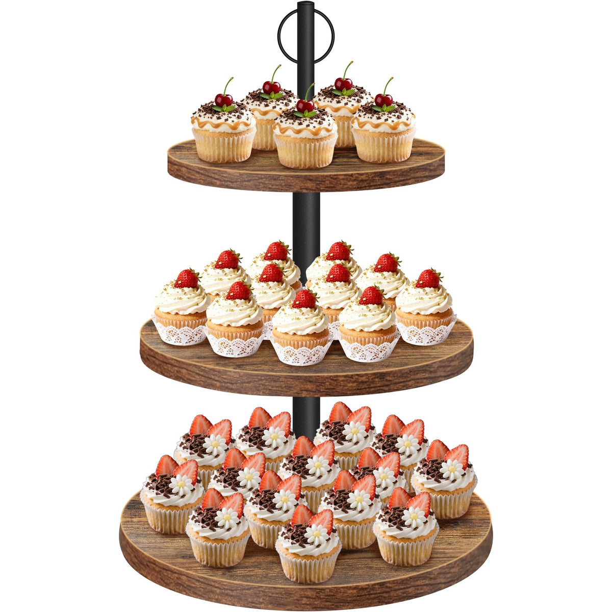 OugeWood Cupcake Stand 3-Tier displays a rustic dessert centerpiece perfect for weddings and parties.