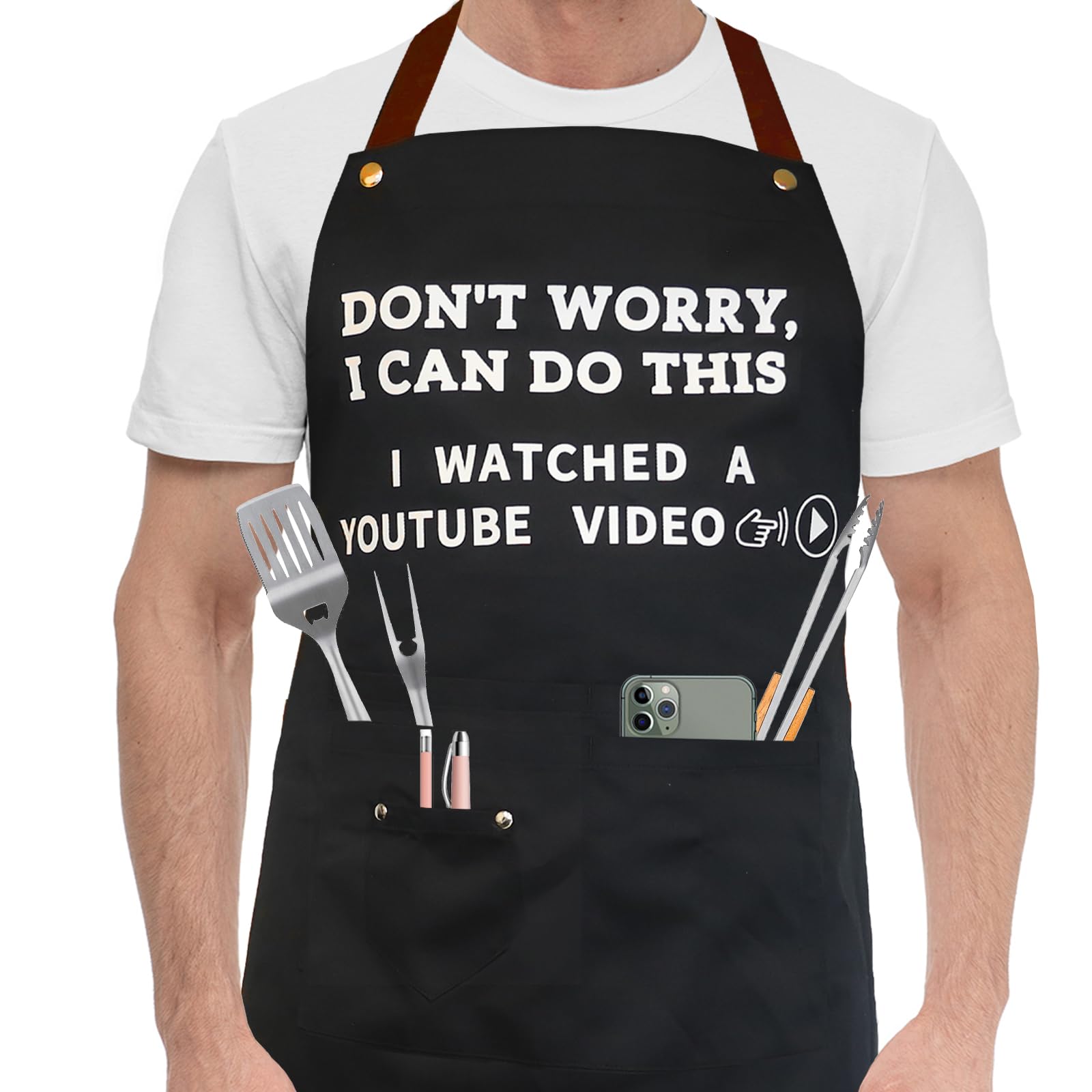 Ougher cooking apron for men, front view, ideal for grilling and kitchen prep.