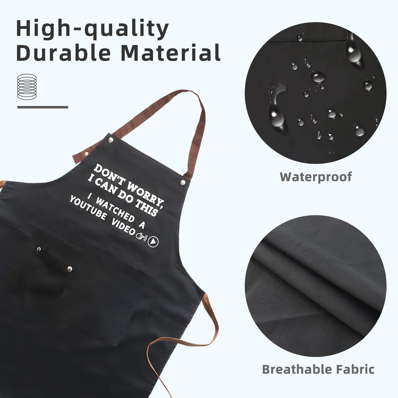 Ougher apron front with a playful slogan supports a can-do mood while cooking.