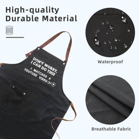 Ougher apron front with a playful slogan supports a can-do mood while cooking.