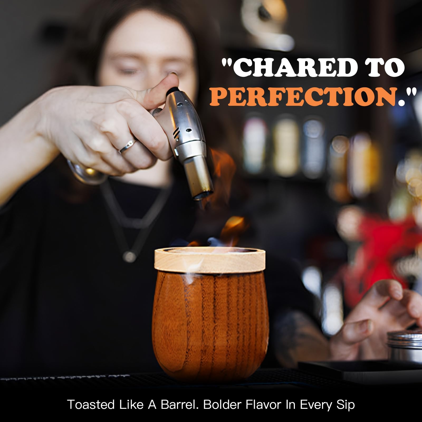 OUHT Wooden whiskey glass on outdoor table for picnic-ready moments