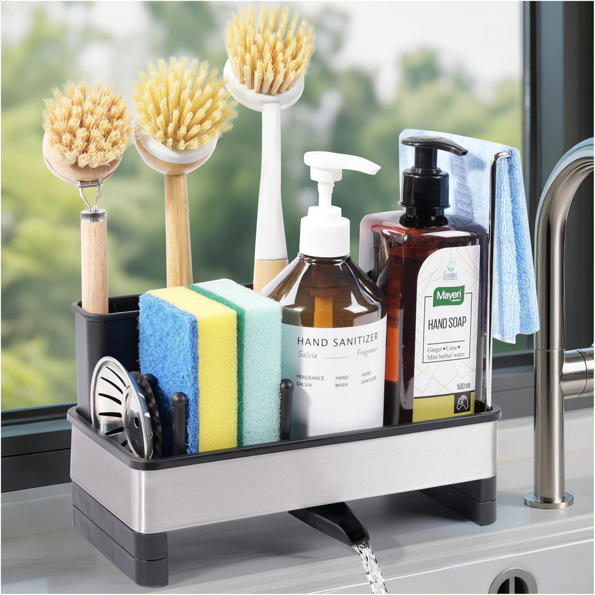 Ouletoy kitchen sink caddy with rotatable drain spout keeps the counter dry.